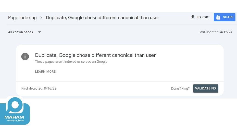 ۱۵. خطای Duplicate, Google chose different canonical than user